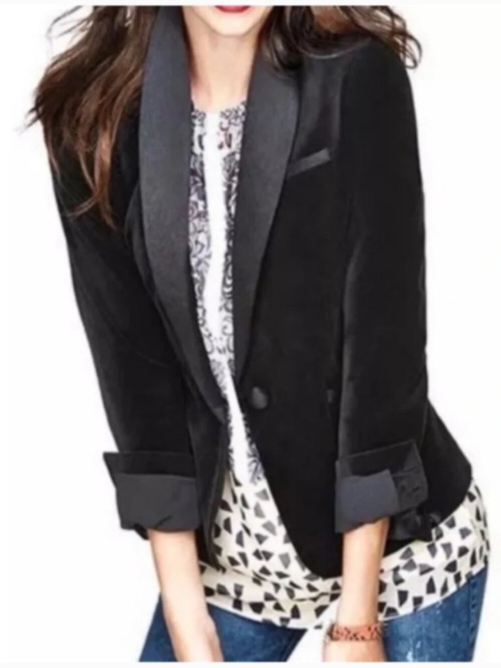 CAbi Gala Black Velvet Tuxedo Blazer Jacket Size Large Single Button #4060